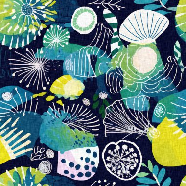 Tropikal modern deniz kabuğu kıyı desenleri kumaş mercan resifi baskısı yaz tekstil tasarımları için keten pamuk efektli. Kusursuz sualtı deniz kabuğu istiridyesi arka planı tekrarla