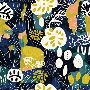 Keten pamuk efektli yaz tekstil tasarımları için kumaş baskısı. Kusursuz modaya uygun modern model çakışması arka planda tekrarla