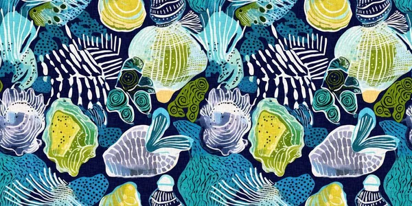 stock image Tropical modern seashell coastal pattern clash fabric coral reef border print for summer beach textile banner edge with a linen cotton effect. Seamless trendy underwater shell clam repeat background