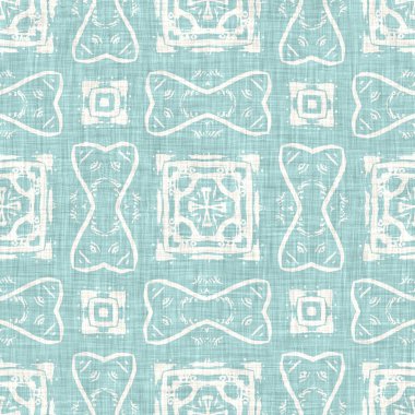 Kusursuz sahil bulanık keten efekti geometrik mozaik etkisi. Boho Patchwork, yaz modası boyunca denizcilik meraklısı. Teal aqua beyaz canlı suluboya batik azulejos fayans arka planı. 