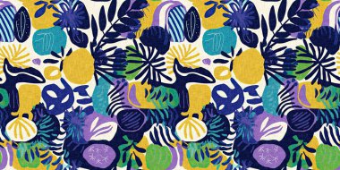 Kusursuz modayı tekrarlayan kenar süsleme pankartı arka planı. Modern eğlence desenleri, yaz aylarında pamuk efektli tekstil tasarımları için kumaş kenar baskısı.. 