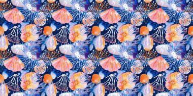  Tropikal modern deniz kabuğu kıyı desenleri kumaş mercan resif sınır baskısı yaz sahili tekstil afiş kenarı keten pamuk efektli. Kusursuz sualtı deniz kabuğu istiridyesi arka planı tekrarla.