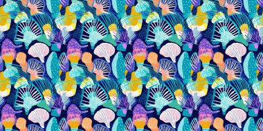  Tropikal modern deniz kabuğu kıyı desenleri kumaş mercan resif sınır baskısı yaz sahili tekstil afiş kenarı keten pamuk efektli. Kusursuz sualtı deniz kabuğu istiridyesi arka planı tekrarla.