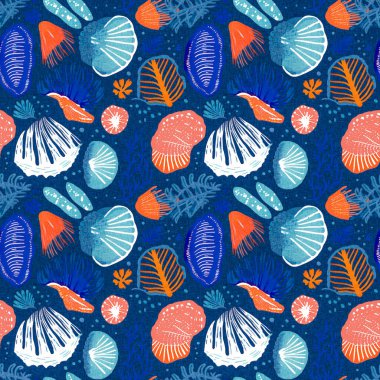  Tropikal modern deniz kabuğu kıyı desenleri kumaş mercan resifi baskısı yaz tekstil tasarımları için keten pamuk efektli. Kusursuz mavi sualtı kabuğu. Arka planı tekrarla.. 