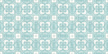 Boho Patchwork denizcilik, erkeksi yaz kurdele kesimi. Aqua teal blue vibrant suluboya batik azulejos fayans sınır kapağı arka planı. Kusursuz sahil bulanık keten efekti geometrik mozaik etkisi. 