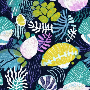 Tropikal modern deniz kabuğu kıyı desenleri kumaş mercan resifi baskısı yaz tekstil tasarımları için keten pamuk efektli. Kusursuz sualtı deniz kabuğu istiridyesi arka planı tekrarla