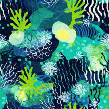  Su altı yosunları ve deniz yosunları arka planda son moda. Tropikal modern kıyı desenleri kumaş mercan resifi baskısı yaz tekstil tasarımları için keten pamuk efektli.