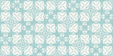 Boho Patchwork denizcilik, erkeksi yaz kurdele kesimi. Aqua teal blue vibrant suluboya batik azulejos fayans sınır kapağı arka planı. Kusursuz sahil bulanık keten efekti geometrik mozaik etkisi. 
