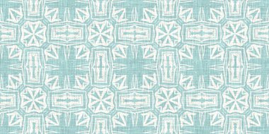 Boho Patchwork denizcilik, erkeksi yaz kurdele kesimi. Aqua teal blue vibrant suluboya batik azulejos fayans sınır kapağı arka planı. Kusursuz sahil bulanık keten efekti geometrik mozaik etkisi. 