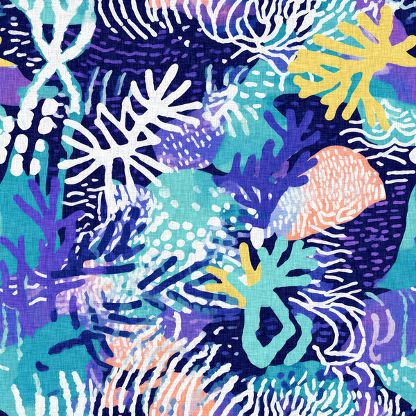  Seamless trendy underwater kelp and seaweed repeat background. Tropical modern coastal pattern clash fabric coral reef print for summer beach textile designs with a linen cotton effect.