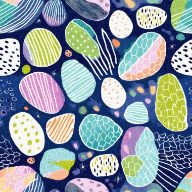 Tropik modern plaj taşları kıyı desenleri yaz tekstil tasarımları için taze keten pamuk efektli kumaş desenleri. Kusursuz trend çakıl taşı yinelenen arka plan