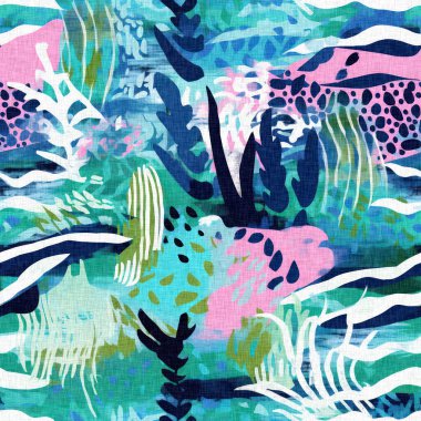  Su altı yosunları ve deniz yosunları arka planda son moda. Tropikal modern kıyı desenleri kumaş mercan resifi baskısı yaz tekstil tasarımları için keten pamuk efektli.