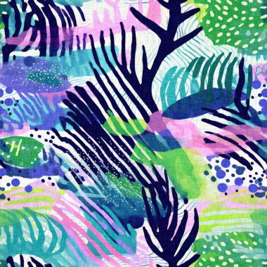  Seamless trendy underwater kelp and seaweed repeat background. Tropical modern coastal pattern clash fabric coral reef print for summer beach textile designs with a linen cotton effect. clipart