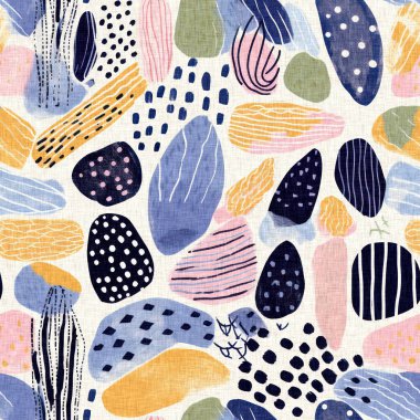 Tropik modern plaj taşları kıyı desenleri yaz tekstil tasarımları için taze keten pamuk efektli kumaş desenleri. Kusursuz trend çakıl taşı yinelenen arka plan