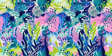  Sualtı yosunları ve deniz yosunlarının kenar kenarları mükemmel. Tropikal modern kıyı desenleri kumaş mercan resif sınır baskısı yaz tekstil tasarımları keten pamuk efektli.