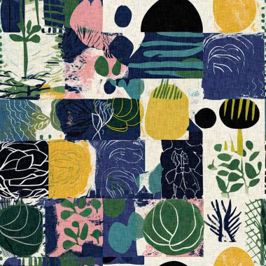 Keten pamuk efektli yaz tekstil tasarımları için kumaş baskısı. Kusursuz modaya uygun modern model çakışması arka planda tekrarla