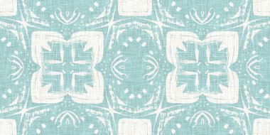Boho Patchwork denizcilik, erkeksi yaz kurdele kesimi. Aqua teal blue vibrant suluboya batik azulejos fayans sınır kapağı arka planı. Kusursuz sahil bulanık keten efekti geometrik mozaik etkisi. 