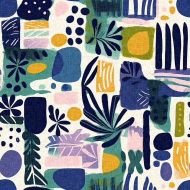 Keten pamuk efektli yaz tekstil tasarımları için kumaş baskısı. Kusursuz modaya uygun modern model çakışması arka planda tekrarla