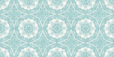 Boho Patchwork denizcilik, erkeksi yaz kurdele kesimi. Aqua teal blue vibrant suluboya batik azulejos fayans sınır kapağı arka planı. Kusursuz sahil bulanık keten efekti geometrik mozaik etkisi. 