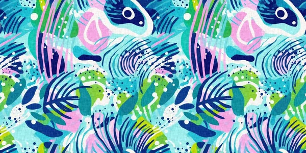 シームレスなトレンディーな水中コンブと海藻リボンエッジの背景 熱帯近代的な海岸パターン衝突ファブリックサンゴ礁境界プリント夏のビーチテキスタイルデザインリネン綿効果 — ストック写真