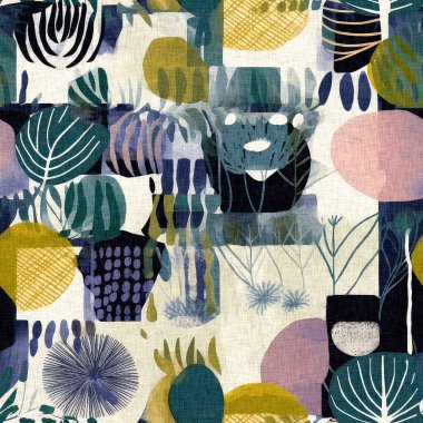 Keten pamuk efektli yaz tekstil tasarımları için kumaş baskısı. Kusursuz modaya uygun modern model çakışması arka planda tekrarla