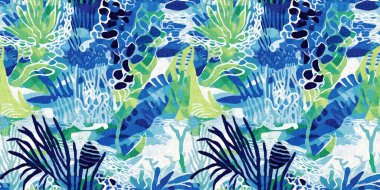  Sualtı yosunları ve deniz yosunlarının kenar kenarları mükemmel. Tropikal modern kıyı desenleri kumaş mercan resif sınır baskısı yaz tekstil tasarımları keten pamuk efektli.