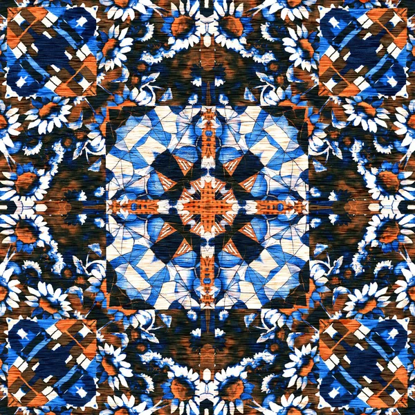 无缝线海滨混纺亚麻布对几何马赛克效果的影响 深蓝色 充满活力 水彩斑斓 — 图库照片