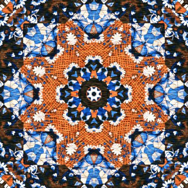  Kusursuz kıyı örtüsü efekti geometrik mozaik etkisi. Boho Patchwork deniz ürünü erkeksi yaz modası boyunca tekrar tekrar. Çivit mavisi beyaz canlı suluboya batik azulejos fayans arka planı. 
