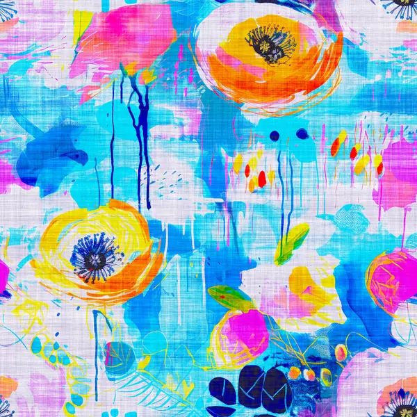 Seamless colorful painterly flower graphic design fabric repeatable swatch. Washed fun summer floral bloom beach wear pattern.