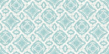 Boho Patchwork denizcilik, erkeksi yaz kurdele kesimi. Aqua teal blue vibrant suluboya batik azulejos fayans sınır kapağı arka planı. Kusursuz sahil bulanık keten efekti geometrik mozaik etkisi. 