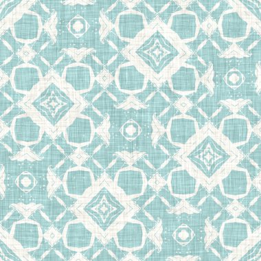 Kusursuz sahil bulanık keten efekti geometrik mozaik etkisi. Boho Patchwork, yaz modası boyunca denizcilik meraklısı. Teal aqua beyaz canlı suluboya batik azulejos fayans arka planı. 