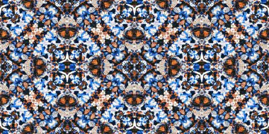  Kusursuz kıyı örtüsü efekti geometrik mozaik efekti. Boho Patchwork denizcilik, erkeksi yaz kurdelesi. İndigo mavisi canlı suluboya batik azulejos fayans kenar afişi arkaplanı.