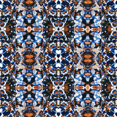  Kusursuz kıyı örtüsü efekti geometrik mozaik etkisi. Boho Patchwork deniz ürünü erkeksi yaz modası boyunca tekrar tekrar. Çivit mavisi beyaz canlı suluboya batik azulejos fayans arka planı. 