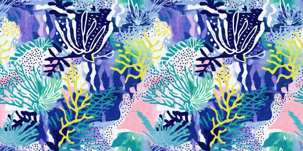  Seamless trendy underwater kelp and seaweed ribbon edge background. Tropical modern coastal pattern clash fabric coral reef border print for summer beach textile designs with a linen cotton effect.