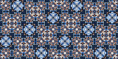  Kusursuz kıyı örtüsü efekti geometrik mozaik efekti. Boho Patchwork denizcilik, erkeksi yaz kurdelesi. İndigo mavisi canlı suluboya batik azulejos fayans kenar afişi arkaplanı.