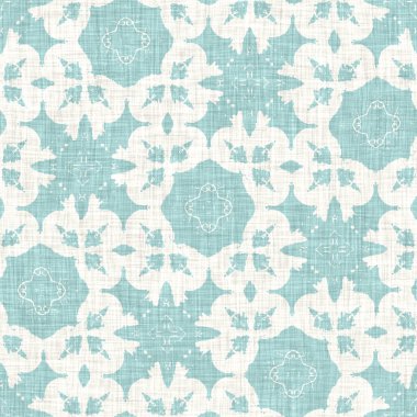 Kusursuz sahil bulanık keten efekti geometrik mozaik etkisi. Boho Patchwork, yaz modası boyunca denizcilik meraklısı. Teal aqua beyaz canlı suluboya batik azulejos fayans arka planı. 