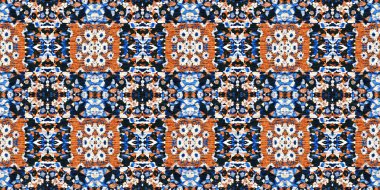  Kusursuz kıyı örtüsü efekti geometrik mozaik efekti. Boho Patchwork denizcilik, erkeksi yaz kurdelesi. İndigo mavisi canlı suluboya batik azulejos fayans kenar afişi arkaplanı.