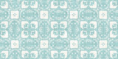 Boho Patchwork denizcilik, erkeksi yaz kurdele kesimi. Aqua teal blue vibrant suluboya batik azulejos fayans sınır kapağı arka planı. Kusursuz sahil bulanık keten efekti geometrik mozaik etkisi. 