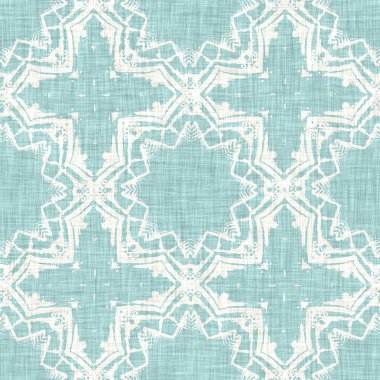 Kusursuz sahil bulanık keten efekti geometrik mozaik etkisi. Boho Patchwork, yaz modası boyunca denizcilik meraklısı. Teal aqua beyaz canlı suluboya batik azulejos fayans arka planı. 