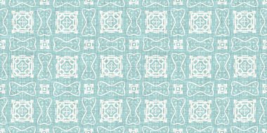 Boho Patchwork denizcilik, erkeksi yaz kurdele kesimi. Aqua teal blue vibrant suluboya batik azulejos fayans sınır kapağı arka planı. Kusursuz sahil bulanık keten efekti geometrik mozaik etkisi. 