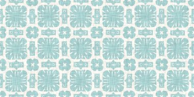 Boho Patchwork denizcilik, erkeksi yaz kurdele kesimi. Aqua teal blue vibrant suluboya batik azulejos fayans sınır kapağı arka planı. Kusursuz sahil bulanık keten efekti geometrik mozaik etkisi. 