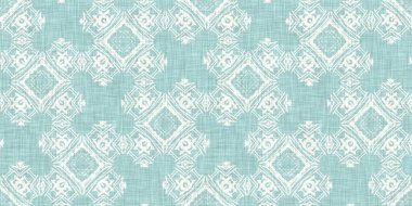 Boho Patchwork denizcilik, erkeksi yaz kurdele kesimi. Aqua teal blue vibrant suluboya batik azulejos fayans sınır kapağı arka planı. Kusursuz sahil bulanık keten efekti geometrik mozaik etkisi. 