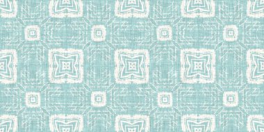 Boho Patchwork denizcilik, erkeksi yaz kurdele kesimi. Aqua teal blue vibrant suluboya batik azulejos fayans sınır kapağı arka planı. Kusursuz sahil bulanık keten efekti geometrik mozaik etkisi. 