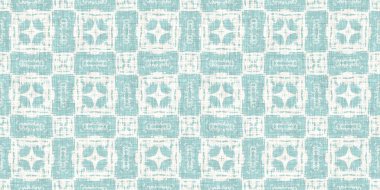Boho Patchwork denizcilik, erkeksi yaz kurdele kesimi. Aqua teal blue vibrant suluboya batik azulejos fayans sınır kapağı arka planı. Kusursuz sahil bulanık keten efekti geometrik mozaik etkisi. 