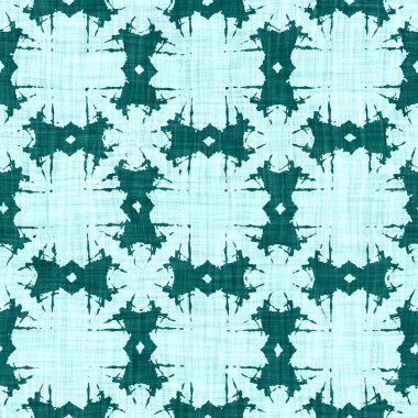  Kusursuz sahil bulanık keten efekti geometrik mozaik etkisi. Patchwork denizcilik, erkeksi yaz kurdelesi kesimi. Teal mavisi beyaz canlı suluboya batik azulejos fayans kenar afişi arkaplanı.