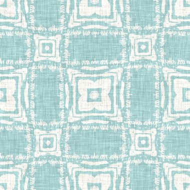 Kusursuz sahil bulanık keten efekti geometrik mozaik etkisi. Boho Patchwork, yaz modası boyunca denizcilik meraklısı. Teal aqua beyaz canlı suluboya batik azulejos fayans arka planı. 