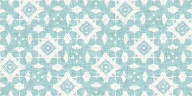 Boho Patchwork denizcilik, erkeksi yaz kurdele kesimi. Aqua teal blue vibrant suluboya batik azulejos fayans sınır kapağı arka planı. Kusursuz sahil bulanık keten efekti geometrik mozaik etkisi. 