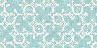 Boho Patchwork denizcilik, erkeksi yaz kurdele kesimi. Aqua teal blue vibrant suluboya batik azulejos fayans sınır kapağı arka planı. Kusursuz sahil bulanık keten efekti geometrik mozaik etkisi. 