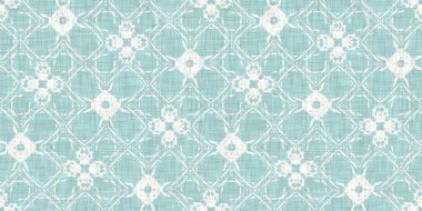 Boho Patchwork denizcilik, erkeksi yaz kurdele kesimi. Aqua teal blue vibrant suluboya batik azulejos fayans sınır kapağı arka planı. Kusursuz sahil bulanık keten efekti geometrik mozaik etkisi. 