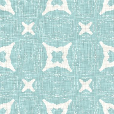 Kusursuz sahil bulanık keten efekti geometrik mozaik etkisi. Boho Patchwork, yaz modası boyunca denizcilik meraklısı. Teal aqua beyaz canlı suluboya batik azulejos fayans arka planı. 